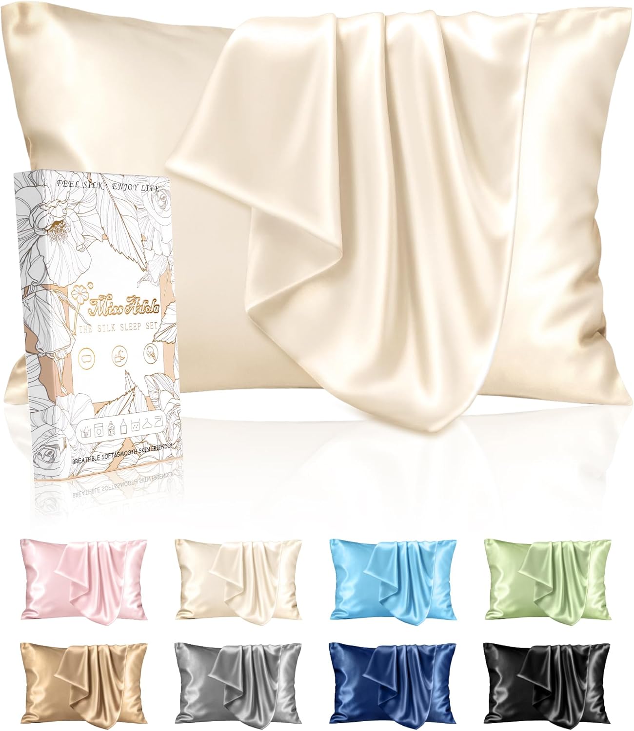 Silk Pillowcase 2 Pack - Pillow Cases Standard Set of 2 Size 20" x 26" for Hair and Skin Smooth Soft Breathable with Hidden Zipper Cooling Pillow Covers for Sleeping Women, Beige