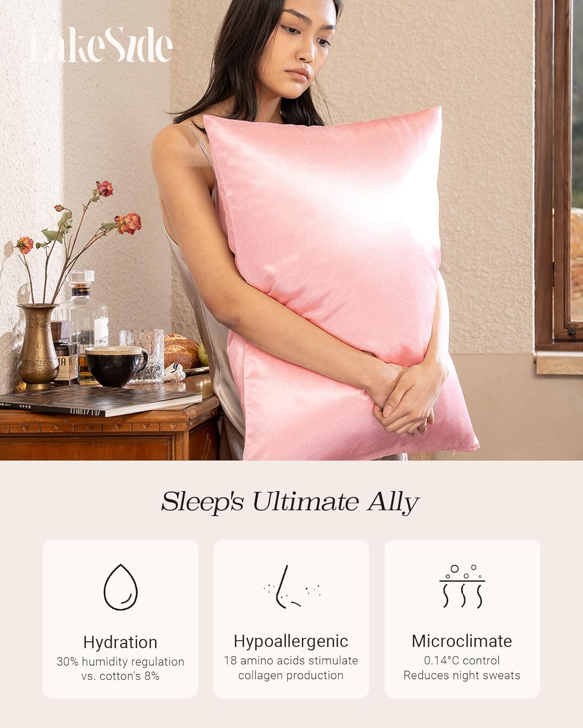 Oriental Lakeside® 100% Pure 22 Momme Mulberry Silk Pillowcase with Hidden Zipper - Nighttime Skincare & Hair Care Hydrating Pillow Cover