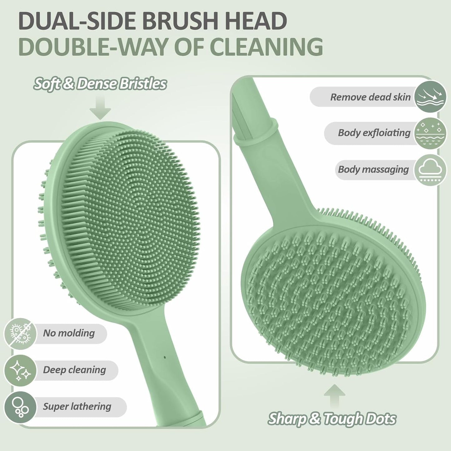 Adjustable Silicone Back & Face Scrubber Set, 16''-24'' Extendable Shower Back Scrubber with Dual-Side Head and Lathering Bristles, Manual Face Scrubber with Soft Bristle Non-Slip Handle(Green)