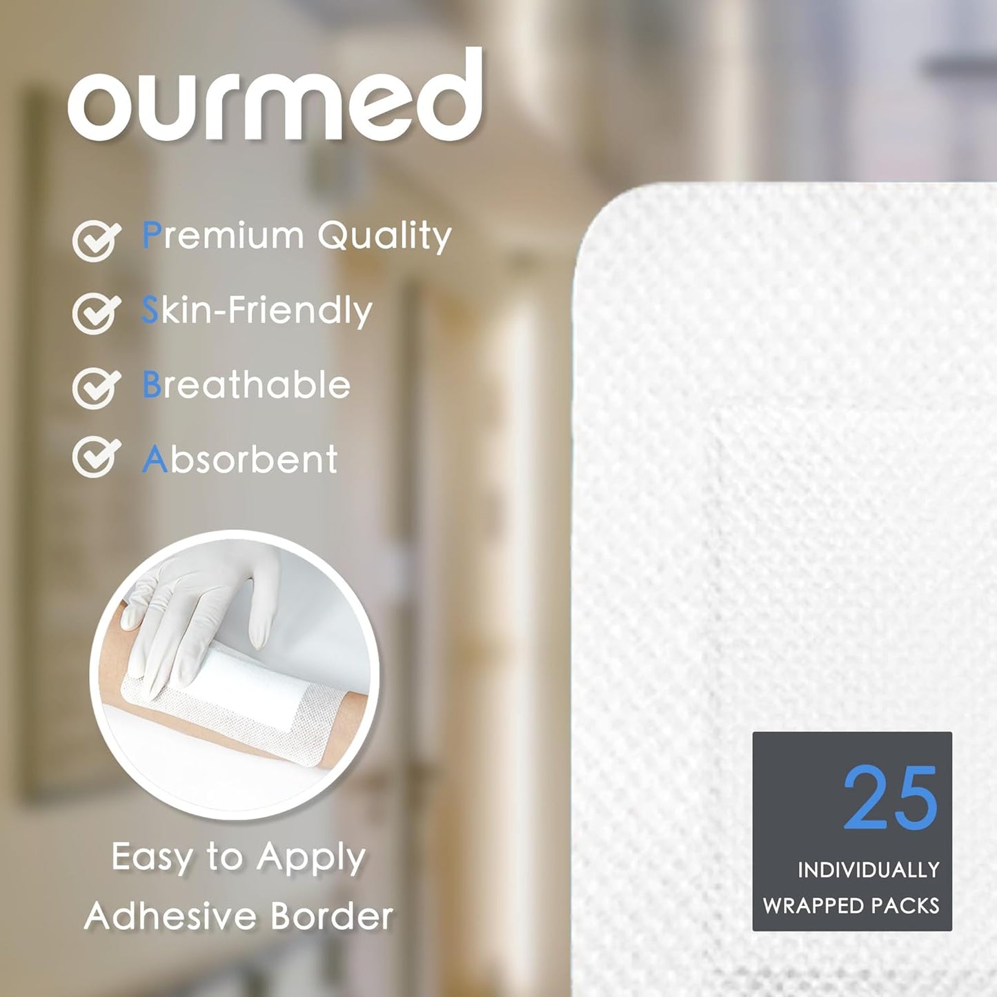 Island Dressing Bordered Gauze 6"x 6"(4"x 4" Absorbent Pad), Pack of 25, Self-Adhesive Sterile Sensitive Dressing with Absorbent, Latex& Rubber- Free, for Cuts and Scratches