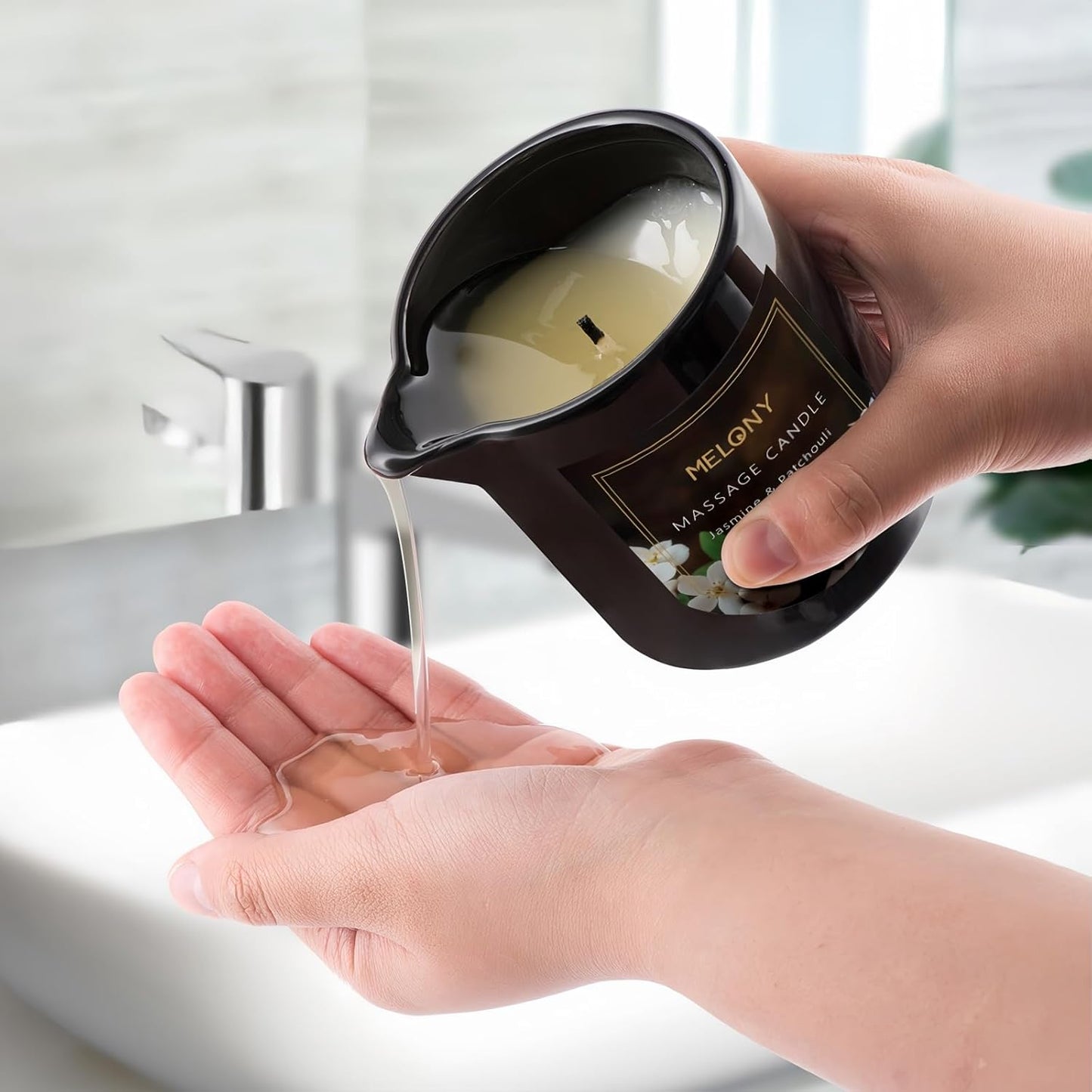 MELONY Luxury Massage Candle - Moisturising, Body Oil Candles for Muscle Relaxation, Home Spa, 8.1OZ (Jasmine & Patchouli)