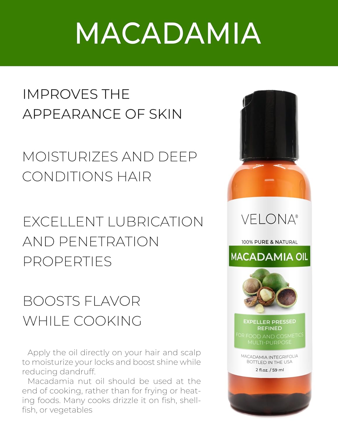 velona Macadamia Nut Oil 2 Fl Oz | 100% Pure and Natural Carrier Oil | Refined, Cold pressed | Cooking, Skin, Hair, Body & Face Moisturizing | Use Today - Enjoy Results