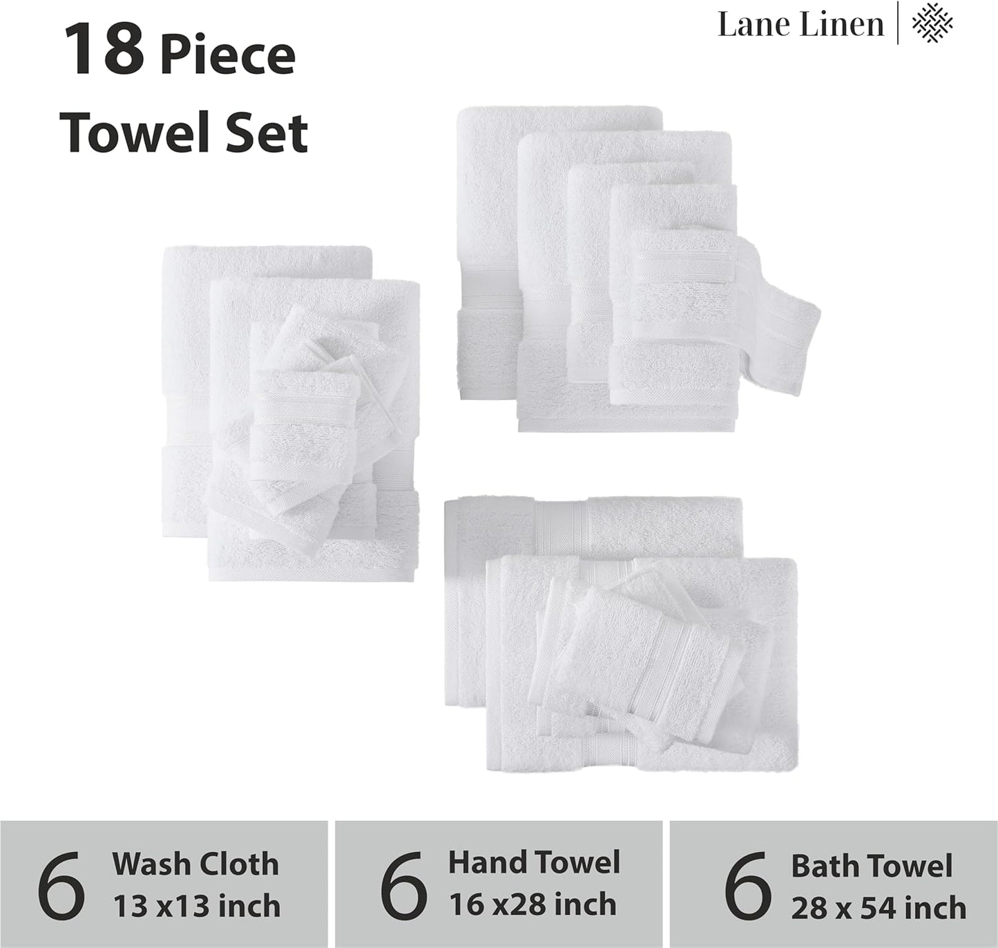 LANE LINEN 100% Mercerized Cotton Luxury Bathroom Towel Set - 18 Pcs - Super Soft, Fluffy & Highly Absorbent - 6 Bath Towels, 6 Washcloths, 6 Hand Towels - Complete Family Pack - White Bath Towel Set