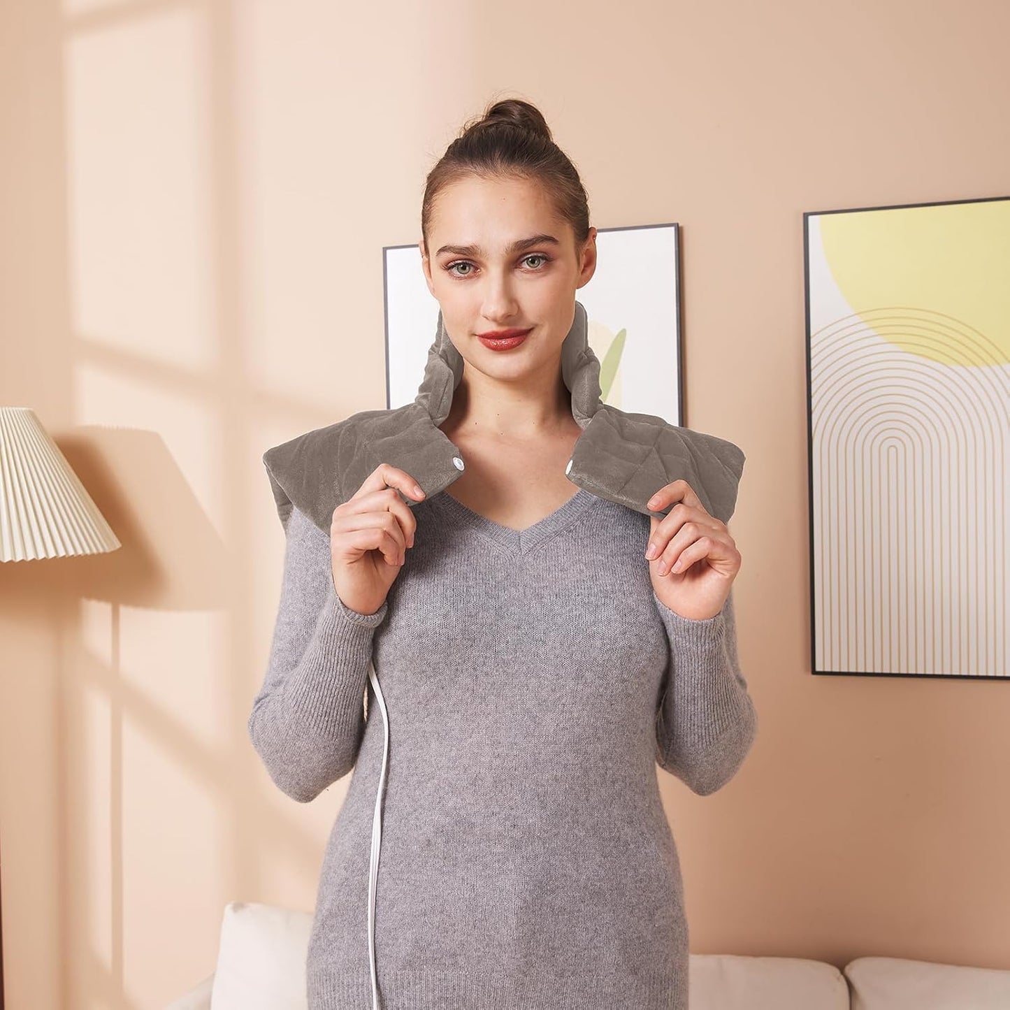 Ambershine 19''x24'' Weighted Neck & Shoulder Heating Pad, 2.5lbs with 12 Temperature Settings& 4 Auto-Off Timers, Pain Relief for Neck/Shoulder/Back, Christmas Gifts for Women Men Mom Dad(Light Tan)