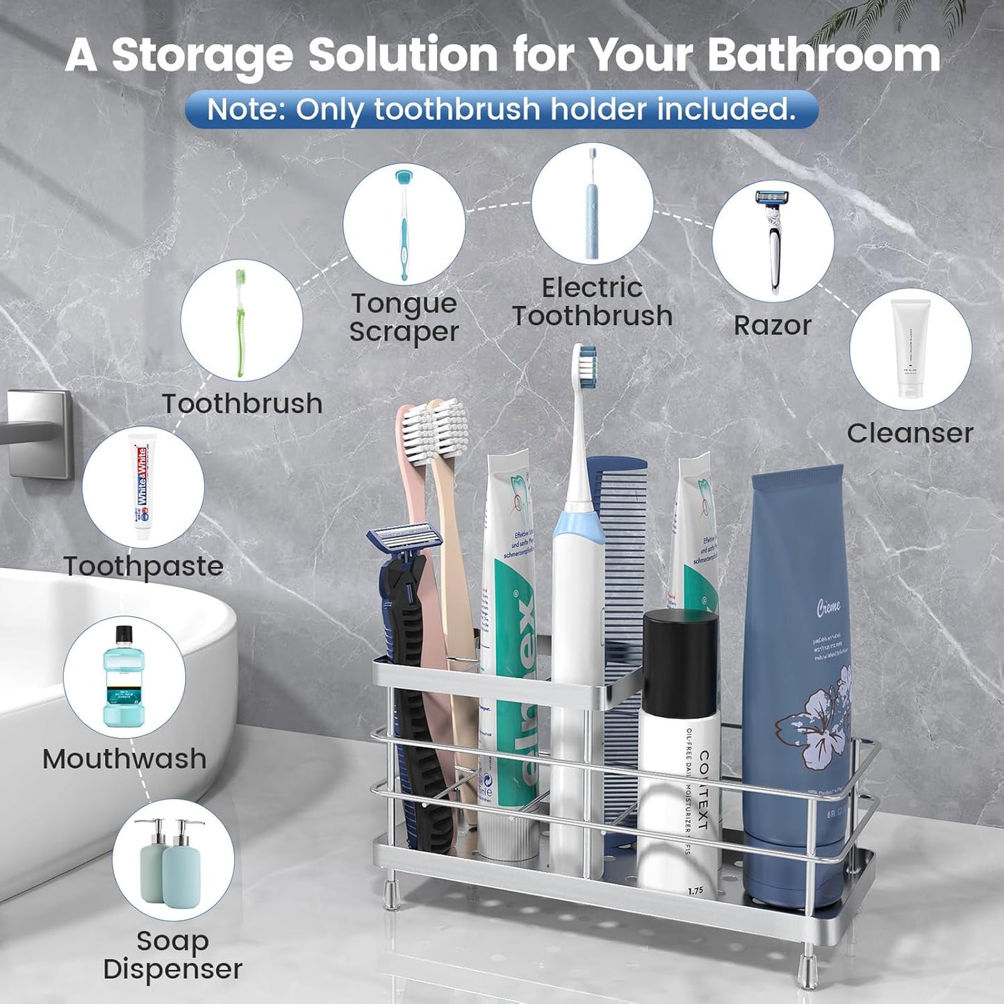 Luxspire Toothbrush Holders, 6 Slots Stainless Steel Tooth Brush Holder with Drainage, Toothbrush Holder for Bathroom Countertop & Kitchen Sink, Bathroom Accessories, Silver