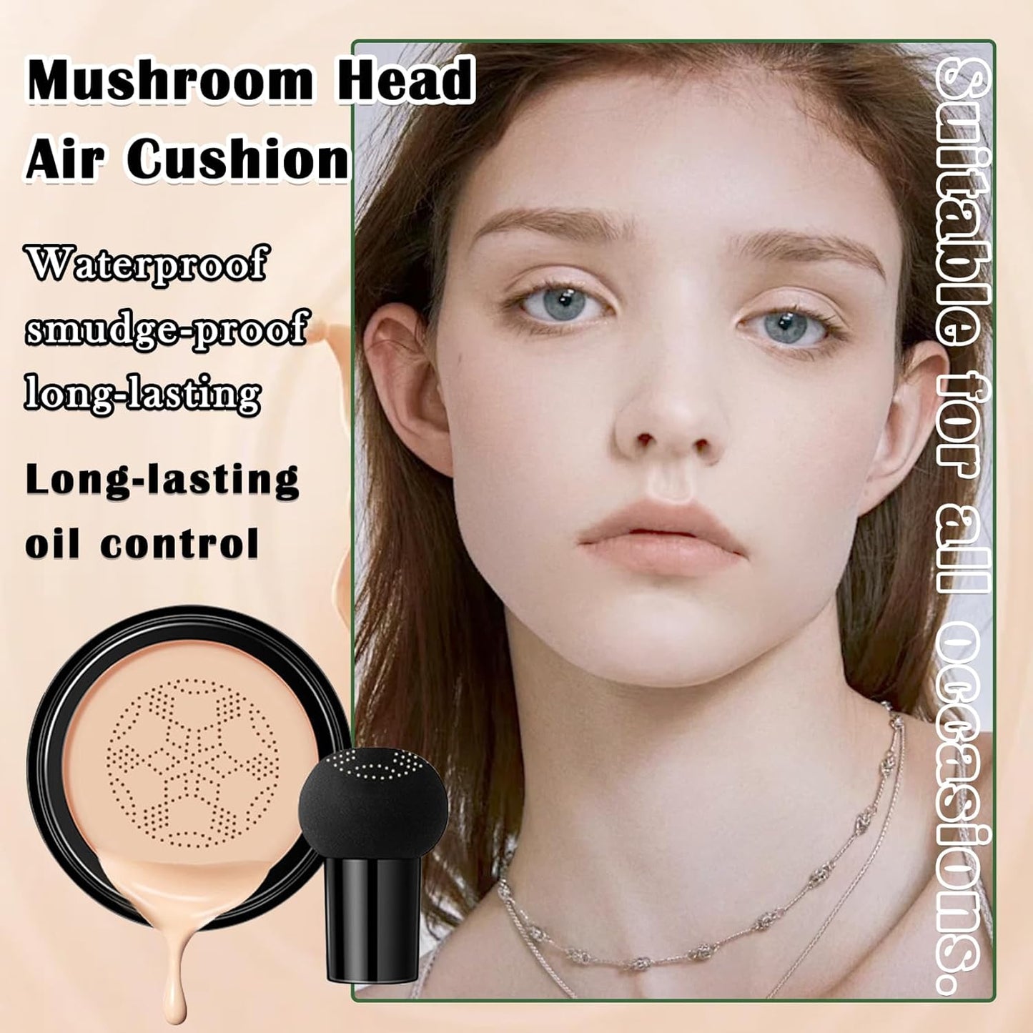 Air Cushion CC Cream Mushroom Head Foundation,Full Coverage Liquid Makeup Foundation,Oil Control Long Lasting Moisturizing BB Cream Foundation Makeup,Matte Concealer for All Skin Types(Ivory)