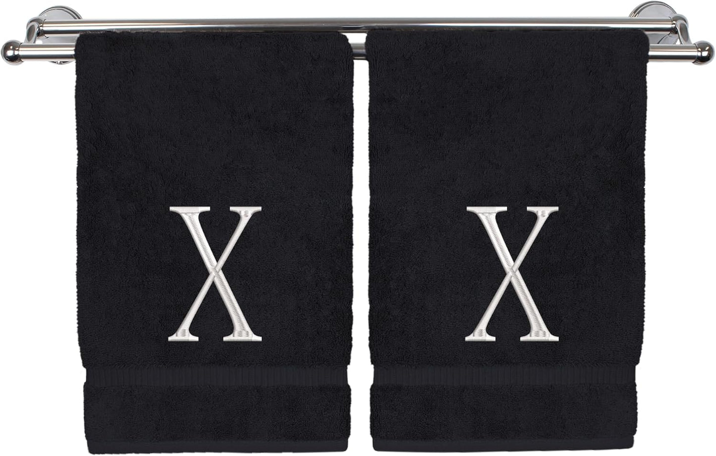 Monogrammed Hand Towel, Personalized Initial Gift, Extra Absorbent 100% Turkish Cotton - Soft Terry Finish - Set of 2 - White Block Initial X - Embroidered on Black Towels