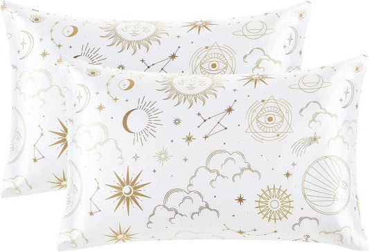 EXQ Home Silky Satin Pillowcase for Hair and Skin,Printed Pillow Cases Standard Size Set of 2 Pink Satin Pillow Case 2 Pack with Envelope Closure（ White Moon，20"x26"）