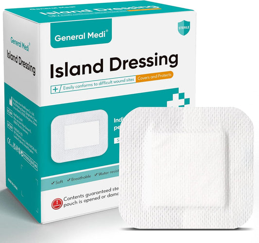 General Medi Sterile Island Dressing Bordered Gauze – 50 Count, 4" x 4" Gauze Pads, Wound Care Pad with Adhesive Border - Sterile, Soft & Highly Absorbent Medical Grade Dressing Pad