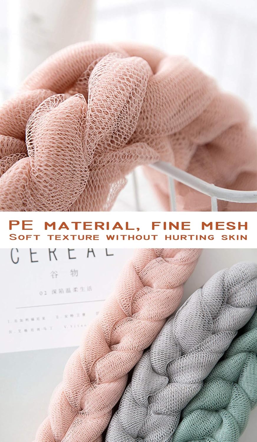 AARainbow 4 Packs Long Stretch Back Sponge with Rope Handles Back Scrubber Bath Shower Mesh Sponge Exfoliating Body Scrub Stretch Braided Loofah for Men and Women (1 White+1 Grey+1 Pink+1 Lotus Pink