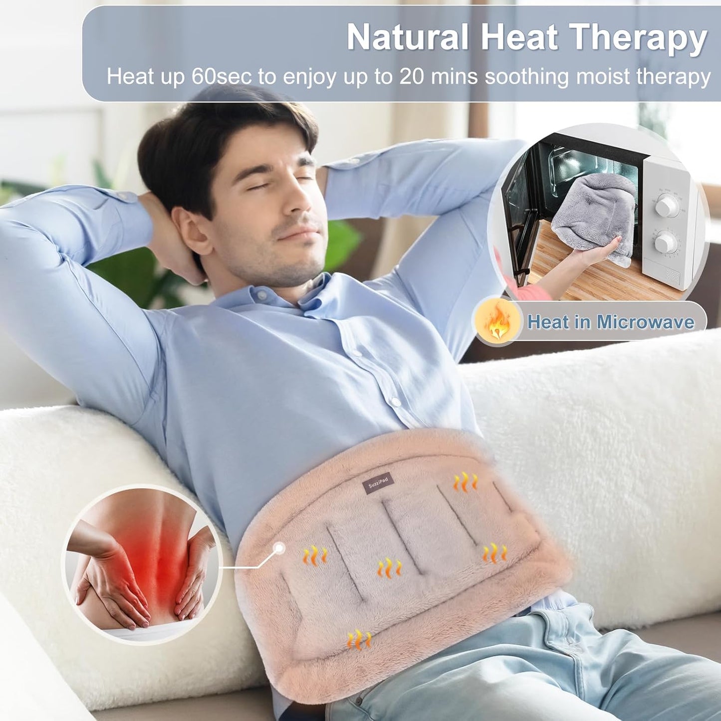 SuzziPad Microwave Heating Pad for Lower Back, Microwavable Heat Pads for Abdominal, Stomachache, Lumbar, Neck, and Shoulder Discomfort, Moist Therapy Wrap for Waist, Warm and Cold Compress