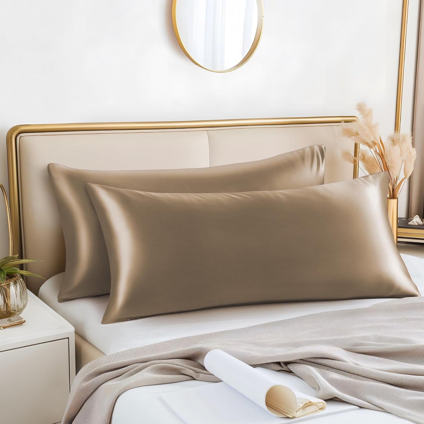 BEDELITE Satin Body Pillow Cover 2 Pack, Super Soft and Cooling Body Pillow Pillowcase for Hair and Skin, Breathable Silky Full Long Pillowcase Cover(20"x54", Tawny Brown)