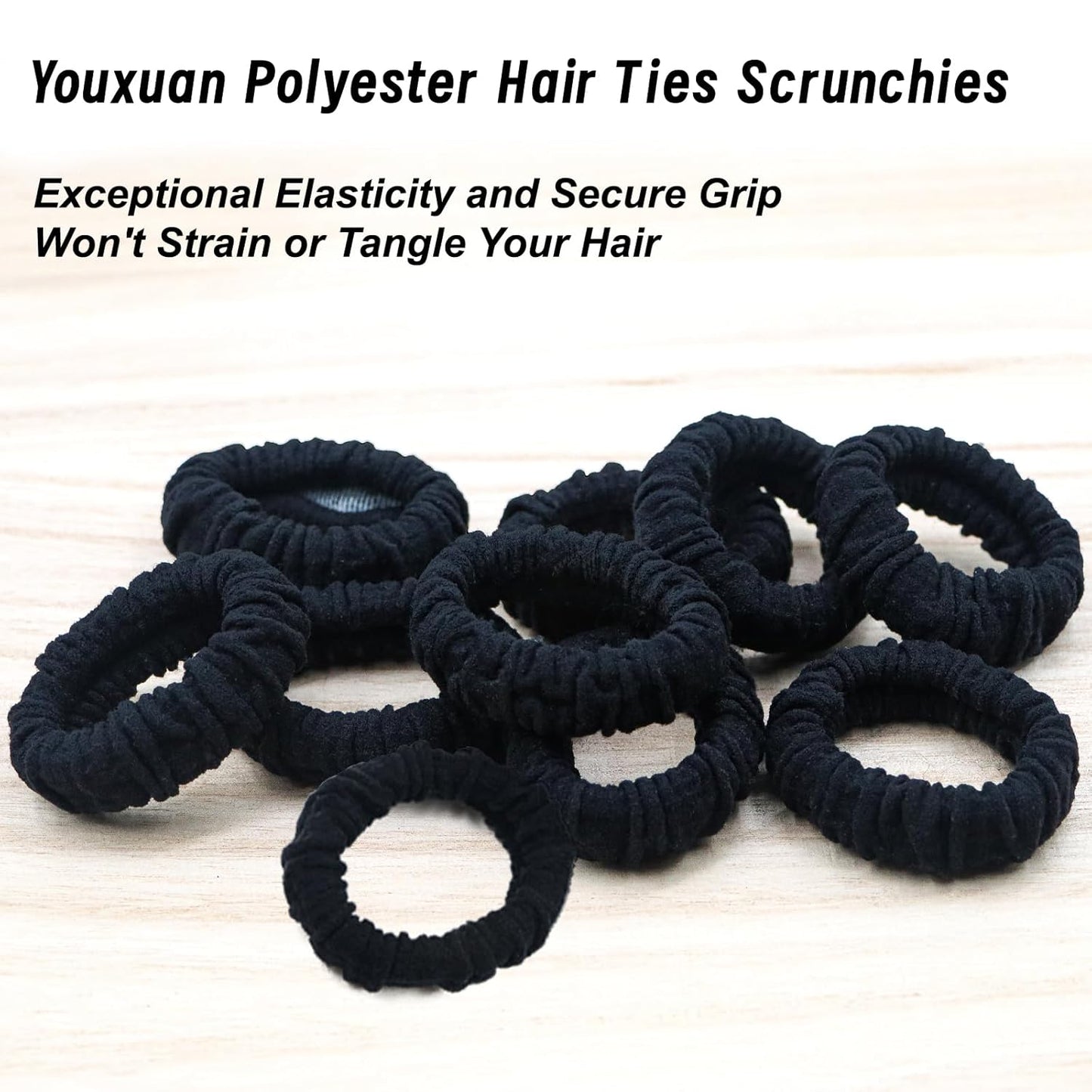 Youxuan No Damage Soft Polyester Hair Ties, No Tug Scrunchies Hair Bands with Strong Elasticity – Black