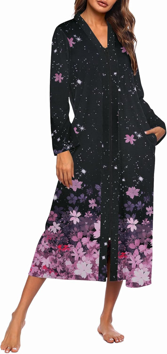 Ekouaer Women Zipper Robe Long Sleeve Loungewear Lightweight Housecoat Full Length Nightgown with Pockets