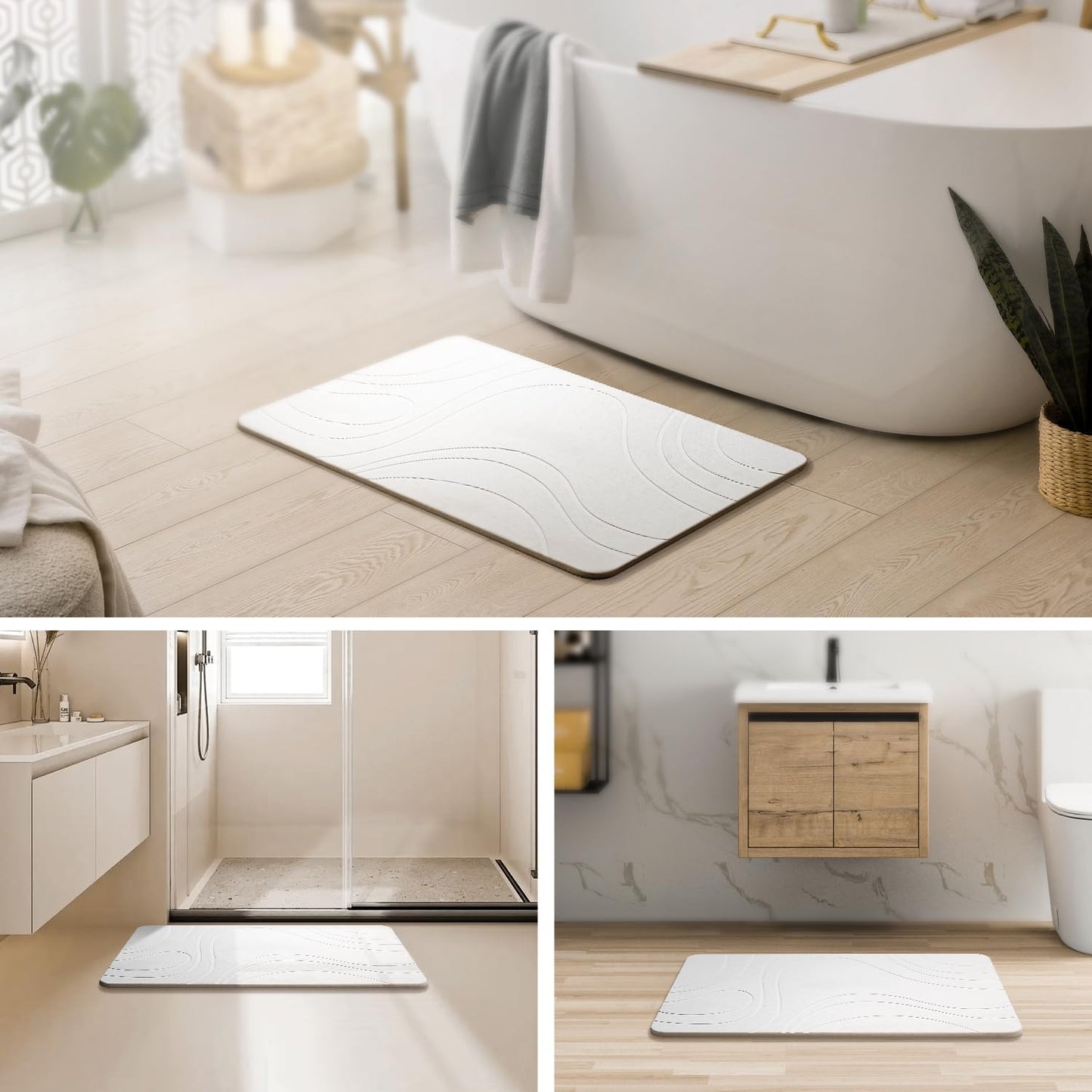 Stone Bath Mat for Bathroom, Quick Dry Diatomaceous Earth Stone Drying Bath Mat, Magic Non Slip Bathroom Shower Floor Mat Modernized Water Absorbing Diatomite White