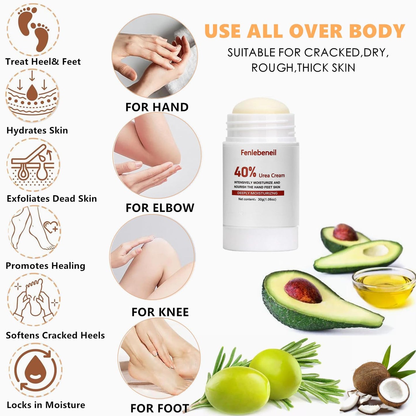 Urea Cream 40 Percent for Foot and Dry Cracked Heel 40% Urea Feet Cream Balm Stick for Foot Hand Moisturizing Feet Hand Care Balm For Women Men 1.06Oz