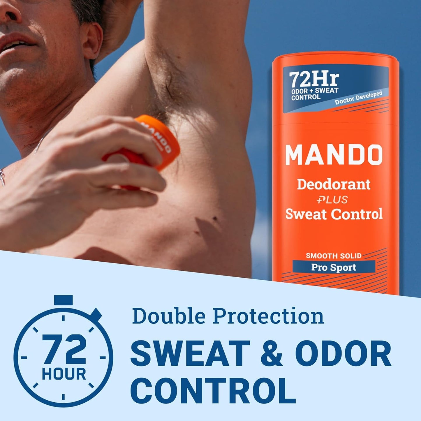 Mando Antiperspirant Deodorant Sweat and Odor Control for Men – Extra Strength Smooth Solid Stick – 72 Hour Performance – Baking Soda Free, Skin Safe – 2.6 oz – Pro Sport – Pack of 2