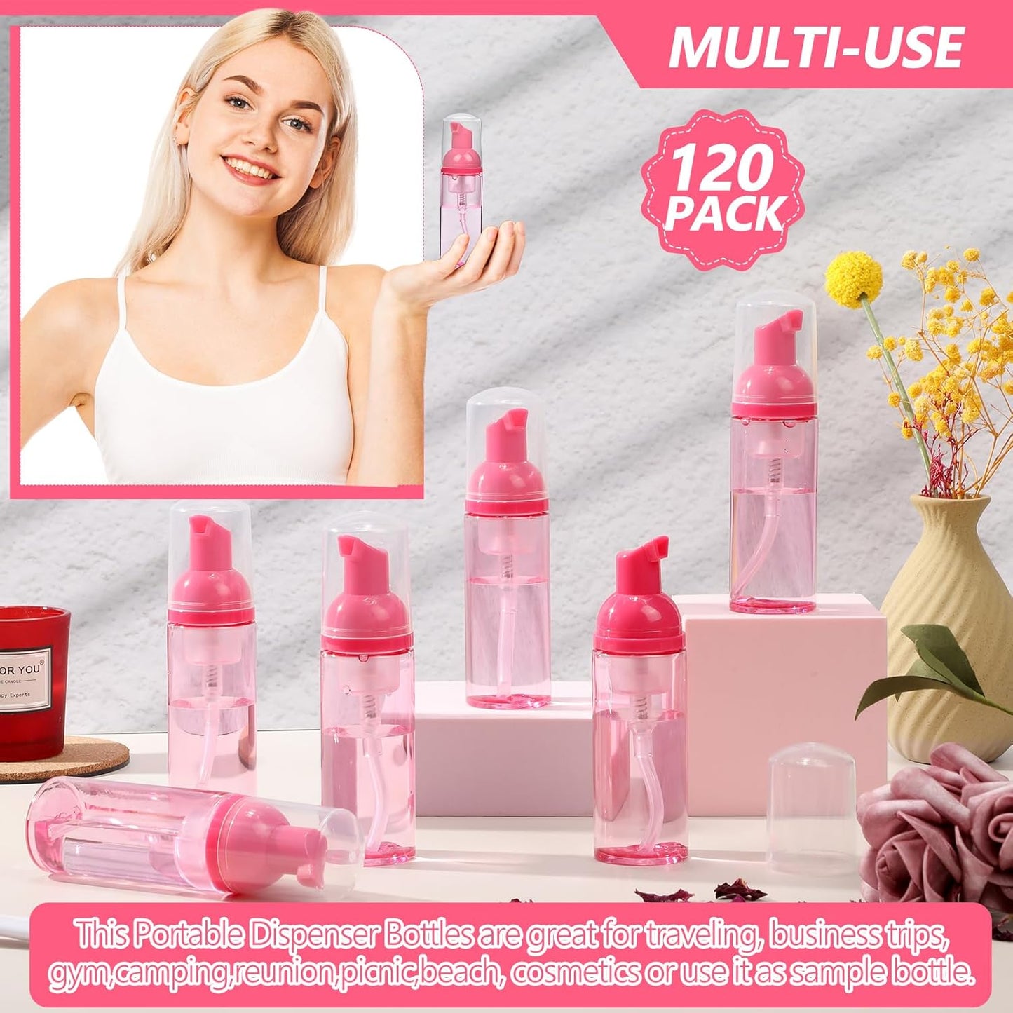 Dandat 120 Pcs 2 oz Plastic Foam Soap Dispensers Bulk Refillable Foaming Pump Bottle Empty Mini Shampoo Lash Cleaning Bottles for Travel Cosmetics Hand Soap(Pink)