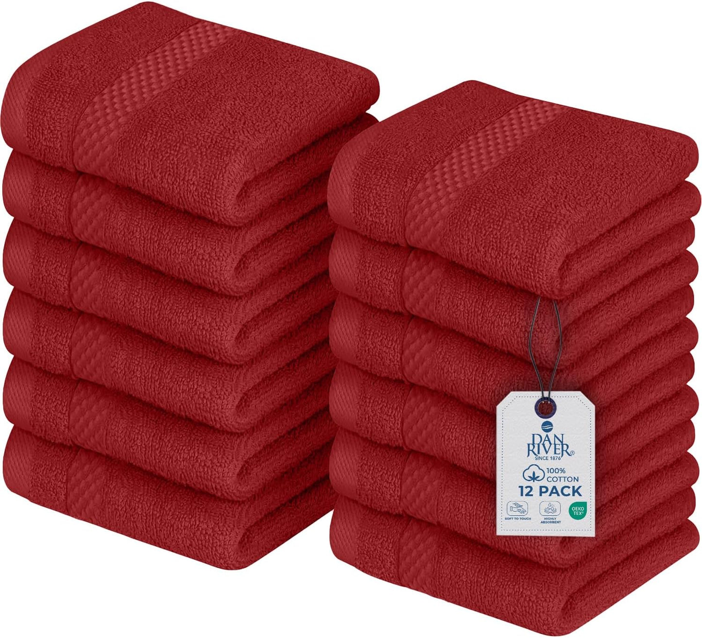 DAN RIVER 12-Pack Premium 100% Cotton RED Face Towels – Reusable Face Towel Set, Soft & Absorbent Small WashCloths for Bathroom & Body – Hand and Face Towels, 550 GSM (12x12 in)