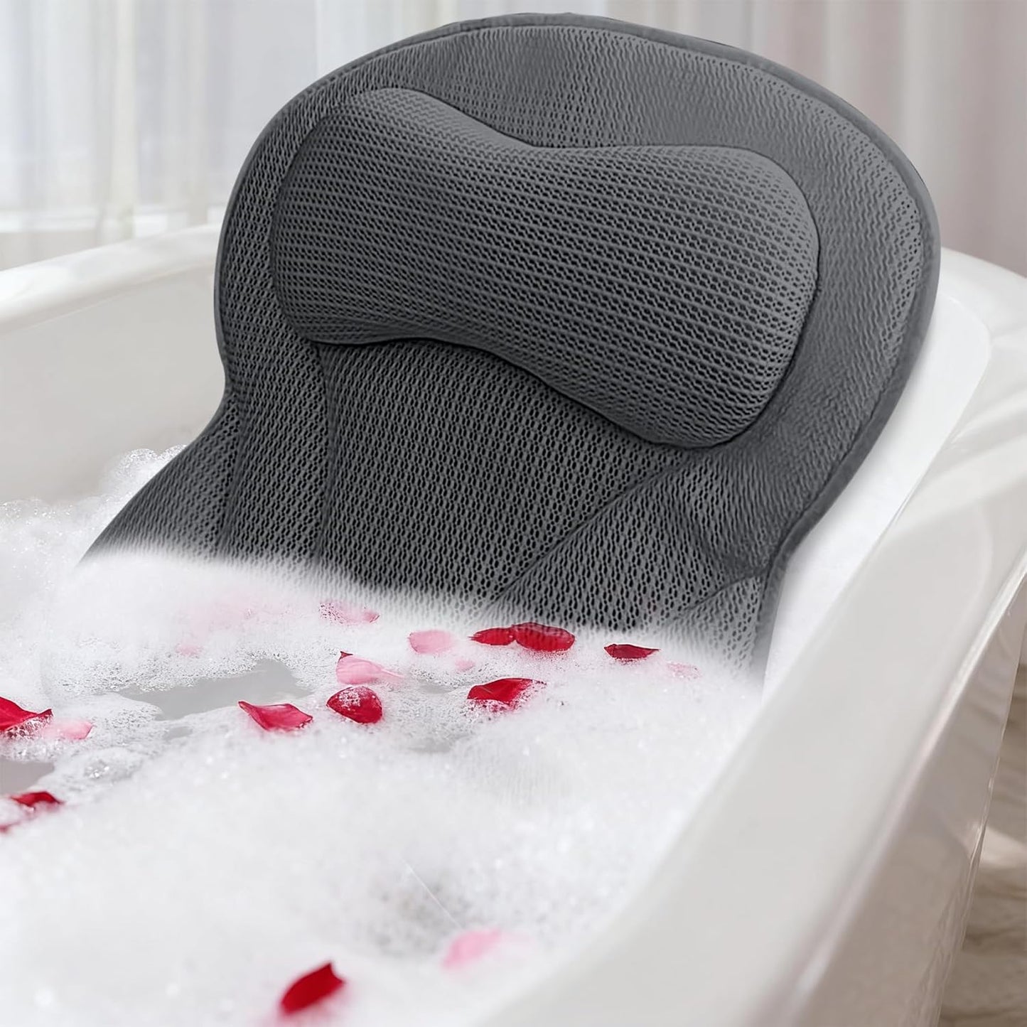 Bath Pillows for Tub, Soft 5D Air Mesh Bath Pillow Luxury Bathtub Pillow with 6 Non Slip Suction Cups, Bathtub Accessories for Women and Men (Grey)