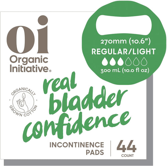 Oi | Organic Initiative Incontinence Pads for Women, Certified Organic Cotton Topsheet, Odor Control, Breathable and Hypoallergenic, Absorbs up to 10floz, Regular (10.6 inches) 44 Pads