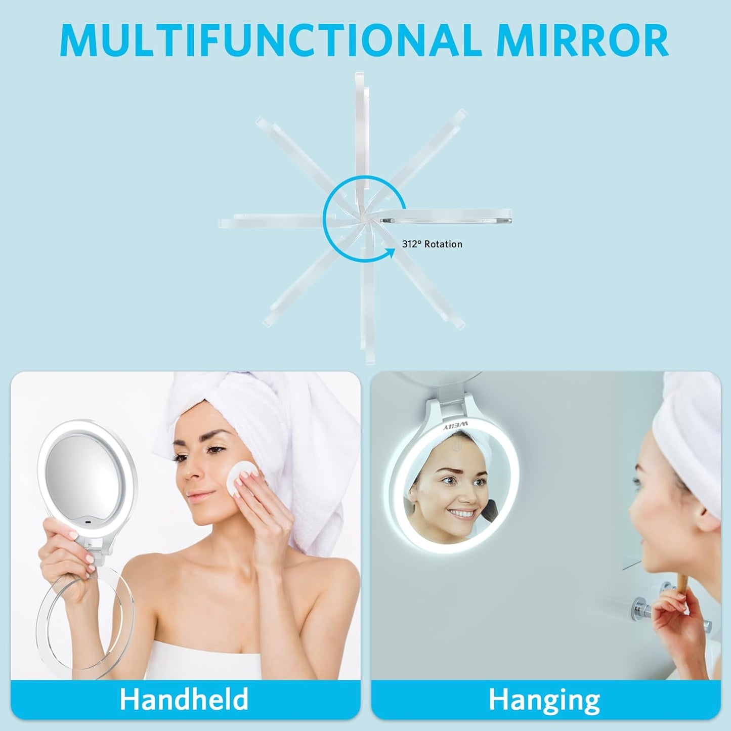WEILY Magnifying Mirror with Light, 10X/1X Magnification Double-Sided Travel Makeup Mirror, with 3 Color Lights, Touch Control, Rechargeable Portable Mirrors for Bedroom, Bathroom (White)