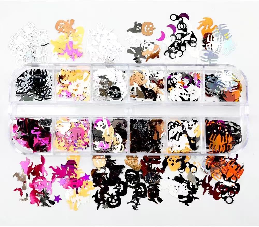 3 Boxes Halloween Nail Art Sequins 3D Holographic Spider Pumpkin Face Ghost Witch Skull Nail Art Glitter Sequins Halloween Nail Decoration Supplies for Women (36 Grids)