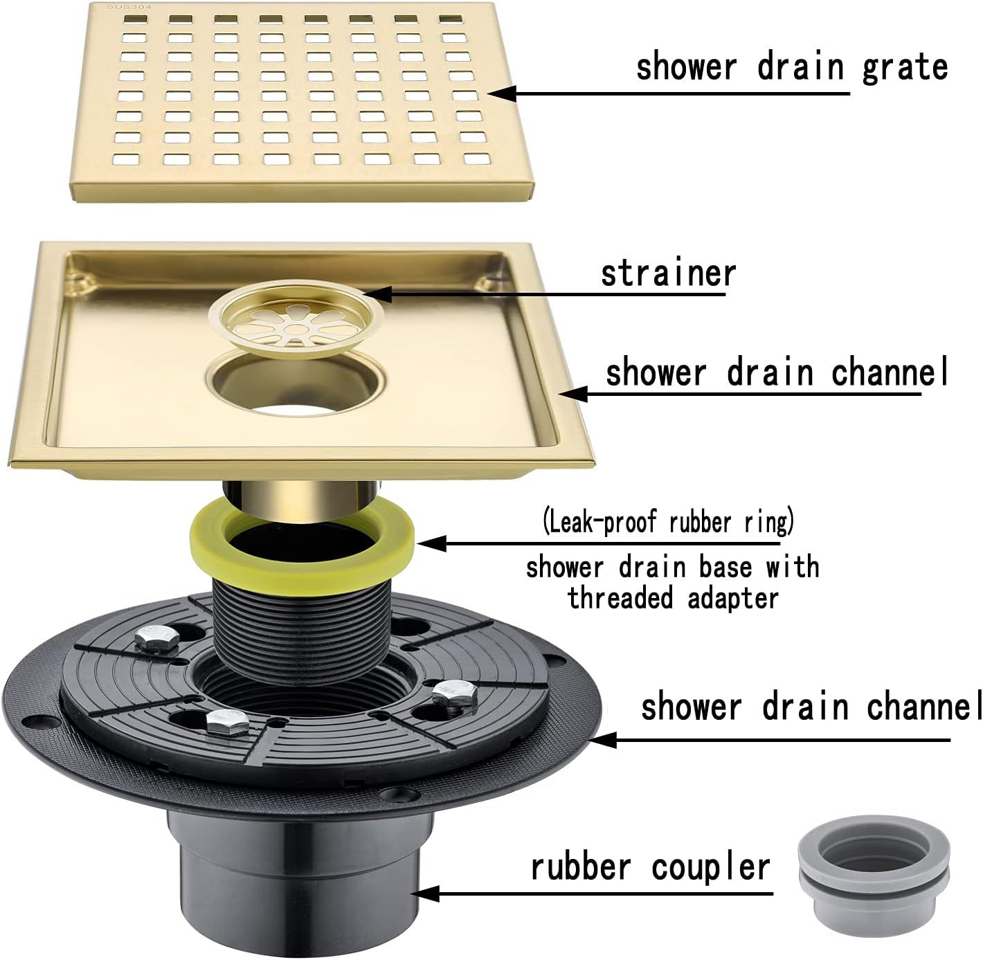 RANDOM Brushed Gold Shower Drain Square 6 Inch Shower Drain Cover Kit with Flange,SUS 304 Stainless Steel Shower Floor Drain with Removable Grid Cover and Hair Strainer