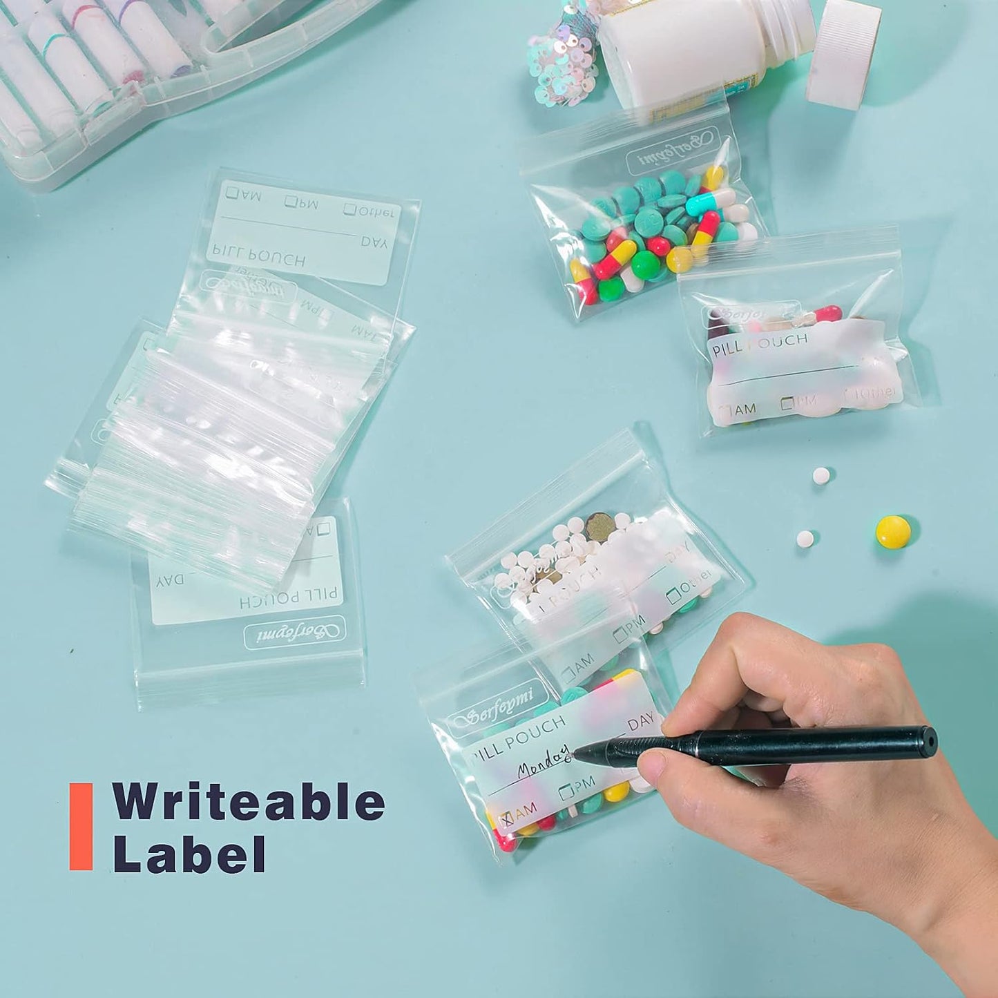 Serfeymi Pill Bags for Travel Pill Pouch Organizer Pack of 120 BPA Free 3 x 2.75 inch Reusable Pill Pouches for Medicine with Write on Label & Zipper Seal Waterproof AM PM Pill Baggies for Supplements