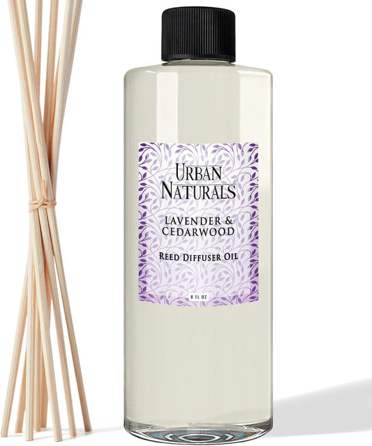 Urban Naturals Reed Diffuser Oil Refill Lavender Cedarwood with Warm Wood, Spa-Inspired Notes 8 oz + Free Reed Sticks, Made in The USA