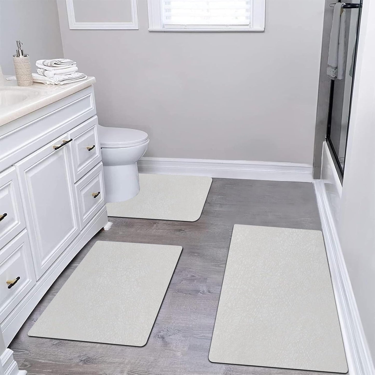 Diatomaceous earth bath mat Bathroom Rugs Sets 3 Piece Super Absorbent Quick Dry Bath Mats, Rubber Non Slip Shower Mat and Toilet Mat U Shape, Shower Rug for in Front of Bathtub Shower, Grey