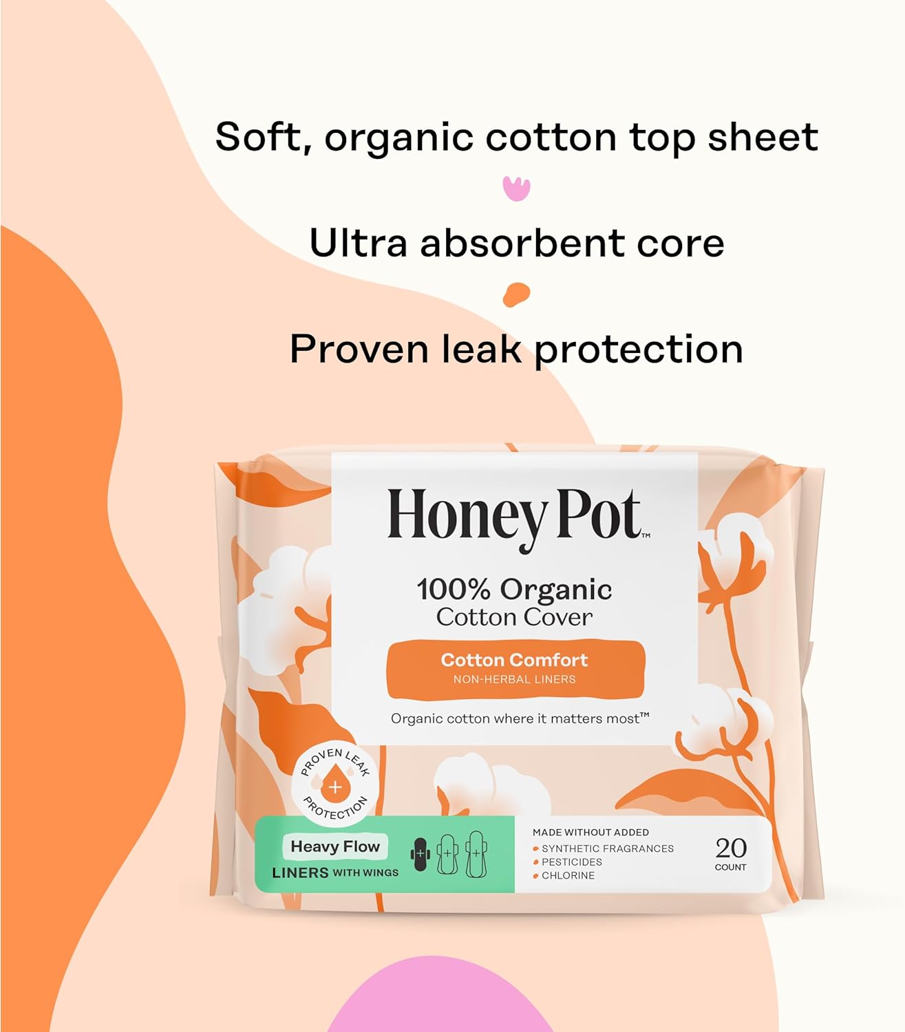 The Honey Pot Company - 80ct - Non-Herbal Heavy Panty Liners for Women w/Wings - Organic Cotton Cover & Ultra-Absorbent Core - Sanitary Pads - Feminine Care