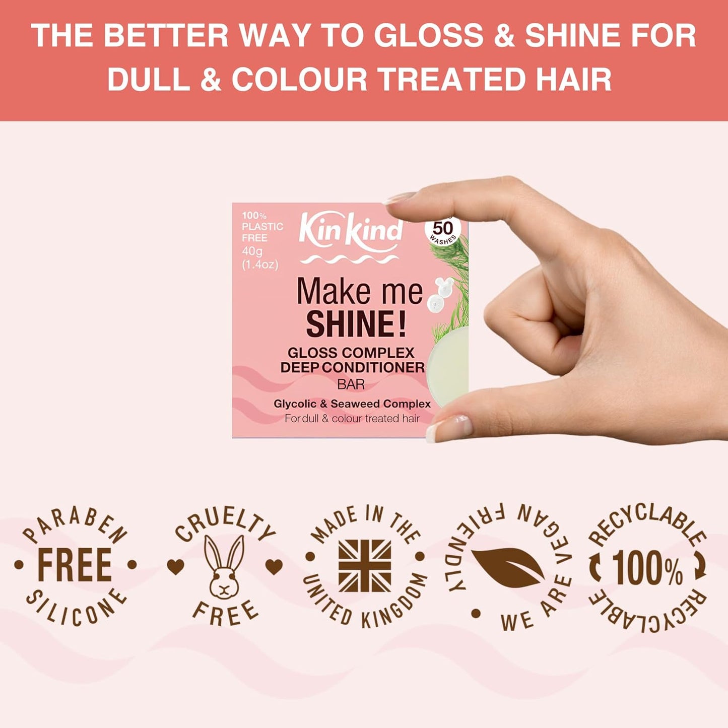 KinKind Shine Gloss Complex Deep Hair Conditioner Bar - Glycolic Acid & Seaweed Gloss Complex - For Colour-Treated Hair & Dull Hair - Colour Conditioner - UK Made - Up to 50 Washes - Vegan