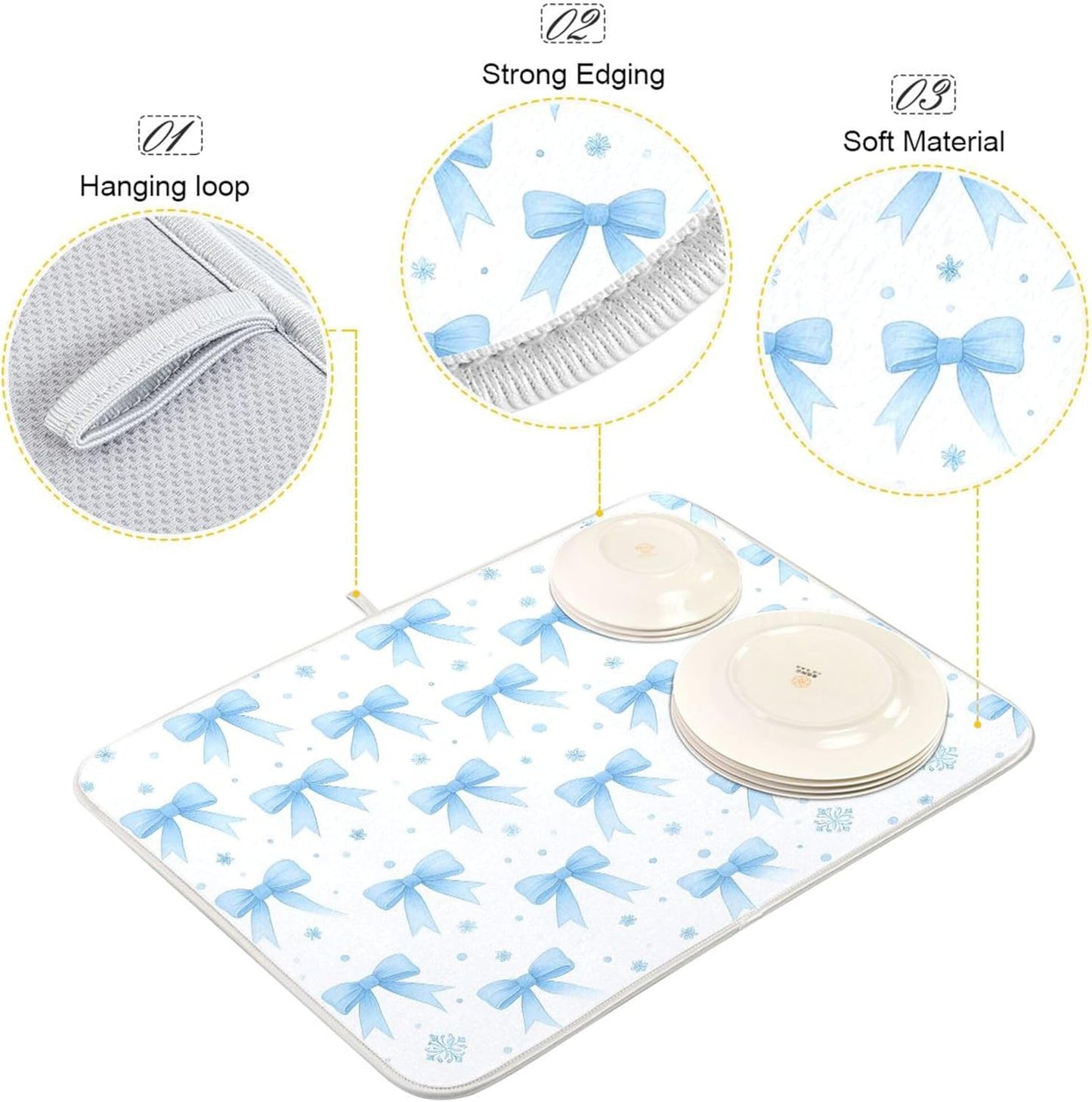 Blue Bow Ribbon Dish Drying Mat for Kitchen Countertop 18x24 Bowknot White Coquette Pattern Large Drying Mat Reusable Quick Dry Dish Sink Mats Easy Clean Decorative Essentials
