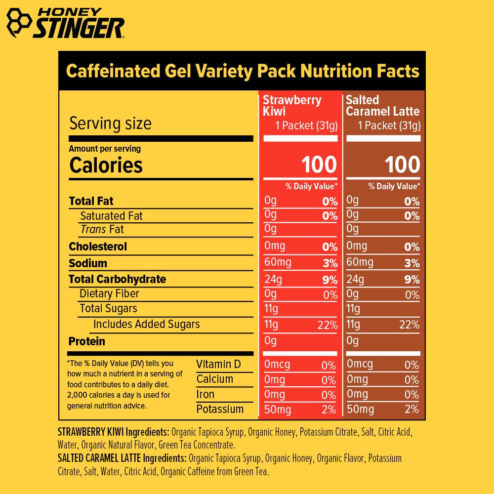 Honey Stinger Caffeinated Organic Energy Gel Variety Pack, 12 Packs Each of Salted Caramel Latte & Strawberry Kiwi, Caffeinated & Gluten Free, For All Exercises, Sports Nutrition for Home & Gym