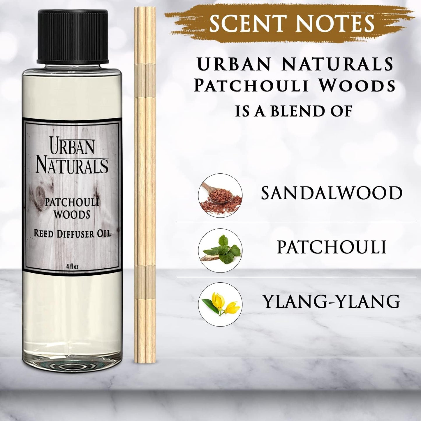 Urban Naturals Patchouli Woods Reed Diffuser Refill Oil with Replacement Sticks Kit | Sandalwood, Patchouli & Ylang Ylang Room Scent. Vegan. Made in The USA