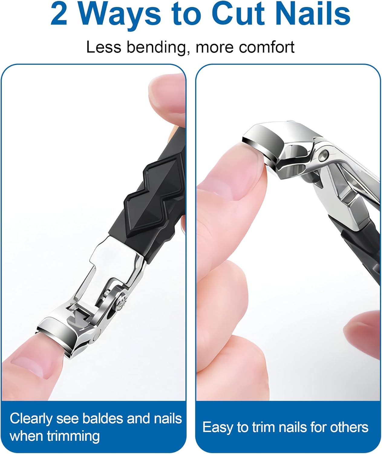 Toenail Clippers for Seniors - 2Pcs Angled Head Ergonomic Toe Nail Clippers for Thick Nails, Wide Jaw Opening, with Catcher & Long Handle, for Men and Women - Black