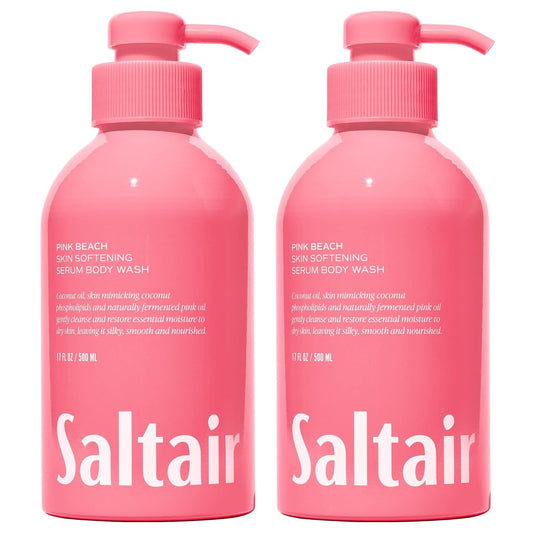 Saltair Body Wash, Pink Beach 2-Pack. Moisturizing Body Cleanser with Monoi Oil and Cupuacu Butter. Luxury Shower Gel for Women and Men. Vegan, Cruelty-Free, Paraben-Free. 2x 17oz Pump Bottles