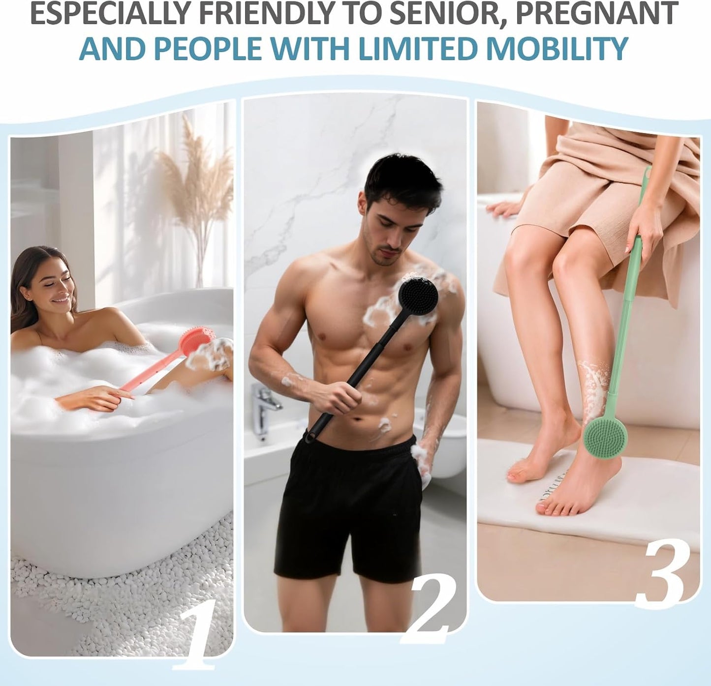 Adjustable Silicone Back & Face Scrubber Set, 16''-24'' Extendable Shower Back Scrubber with Dual-Side Head and Lathering Bristles, Manual Face Scrubber with Soft Bristle Non-Slip Handle(Black)