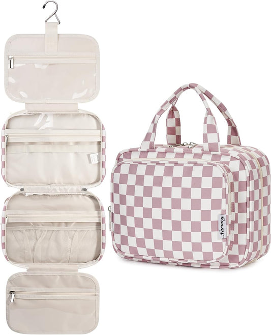 Narwey Hanging Toiletry Bag for Women Travel Makeup Bag Organizer Toiletries Bag for Travel Size Essentials Accessories Cosmetics (Dusty Pink Checkerboard (Medium))
