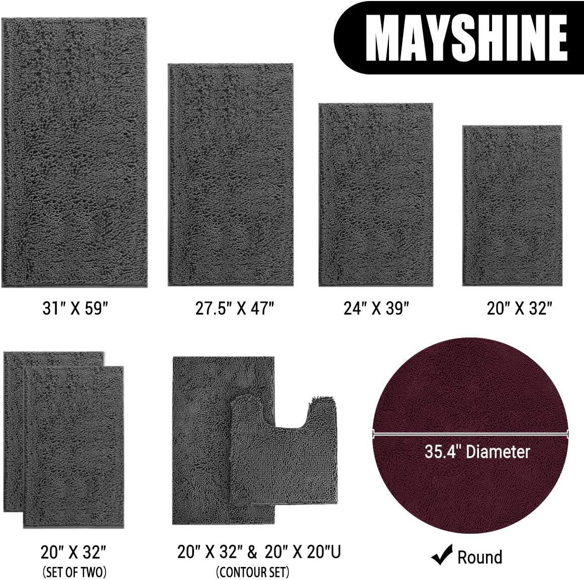 MAYSHINE Round Area Rug Set for Bathroom | Soft Plush Chenille Bath Mat, Water Absorbent Non-Slip Bathroom Rug | Washable Shag Carpet for Shower, Bedroom, or Home Décor | 36"x36" Round | Burgundy