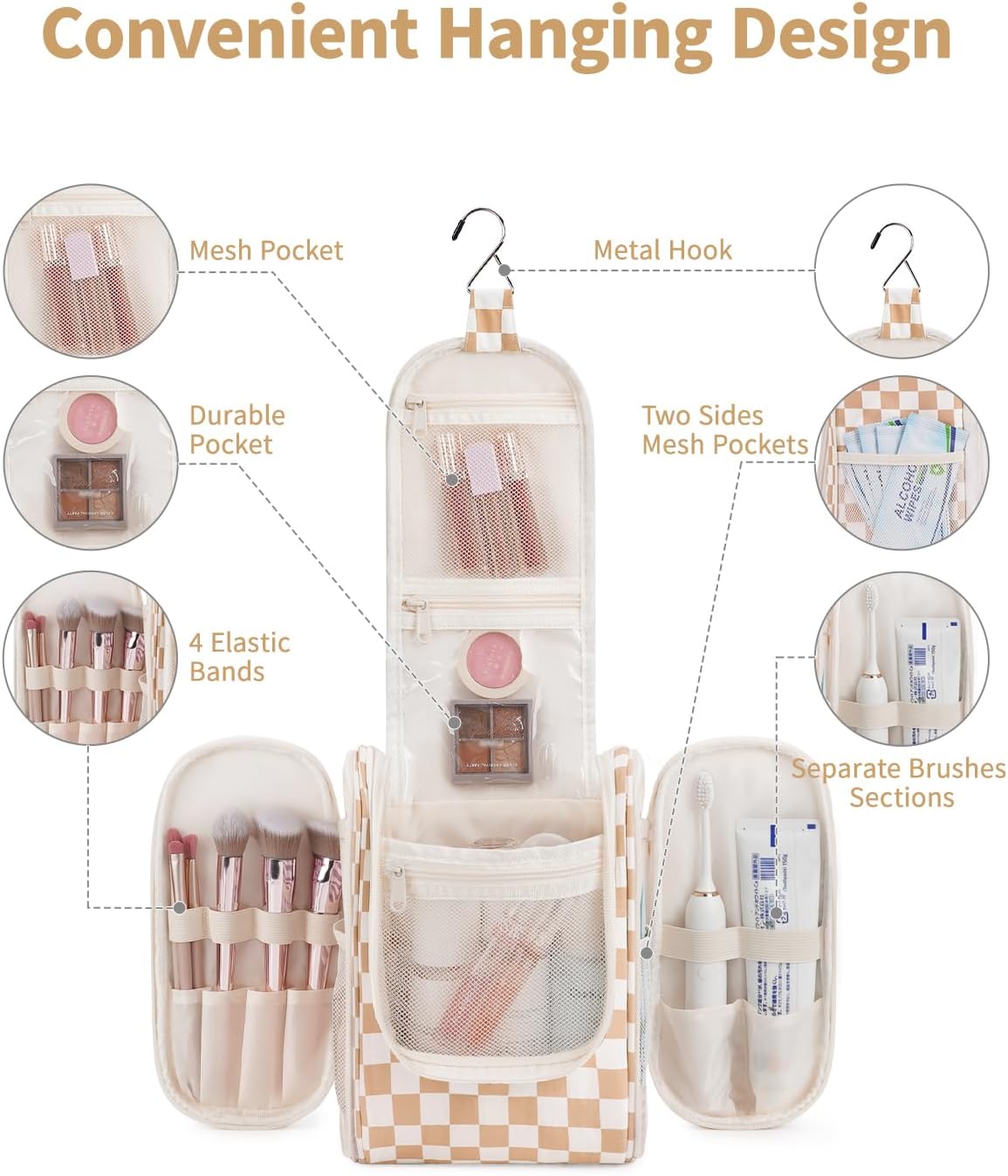 Narwey Small Checkered Hanging Travel Toiletry Bag for Women, Travel Bag for Toiletries, Makeup Bag Organizer Cosmetic Bags Make Up Bags for Women (Light Checkerboard)