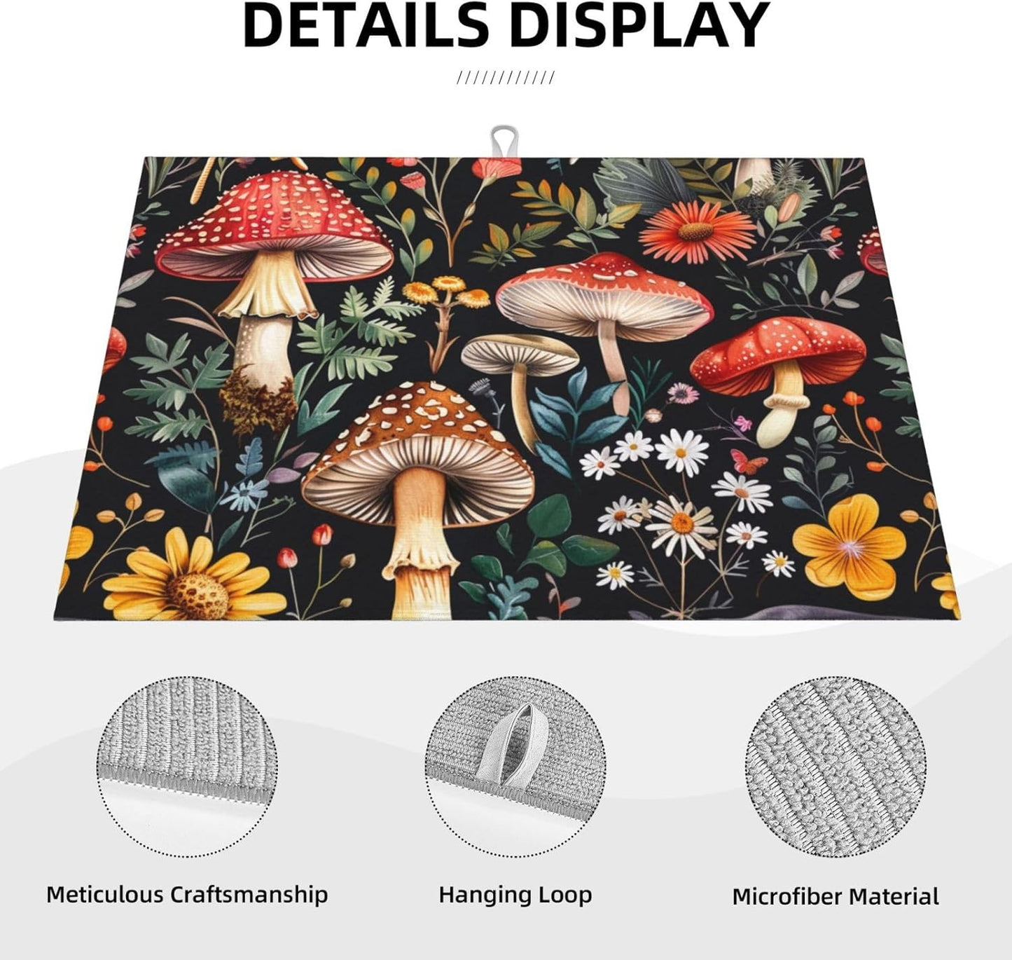 Forest Floral Mushroom Dish Drying Mat For Kitchen Counter Absorbent Large Kitchen Fast Dry Pad Reusable Washable Protector Rack Large Mat 18 X 24