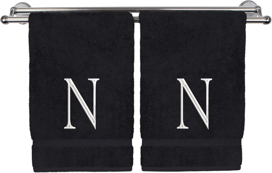 Monogrammed Hand Towel, Personalized Initial Gift, Extra Absorbent 100% Turkish Cotton - Soft Terry Finish - Set of 2 - White Block Initial N - Embroidered on Black Towels
