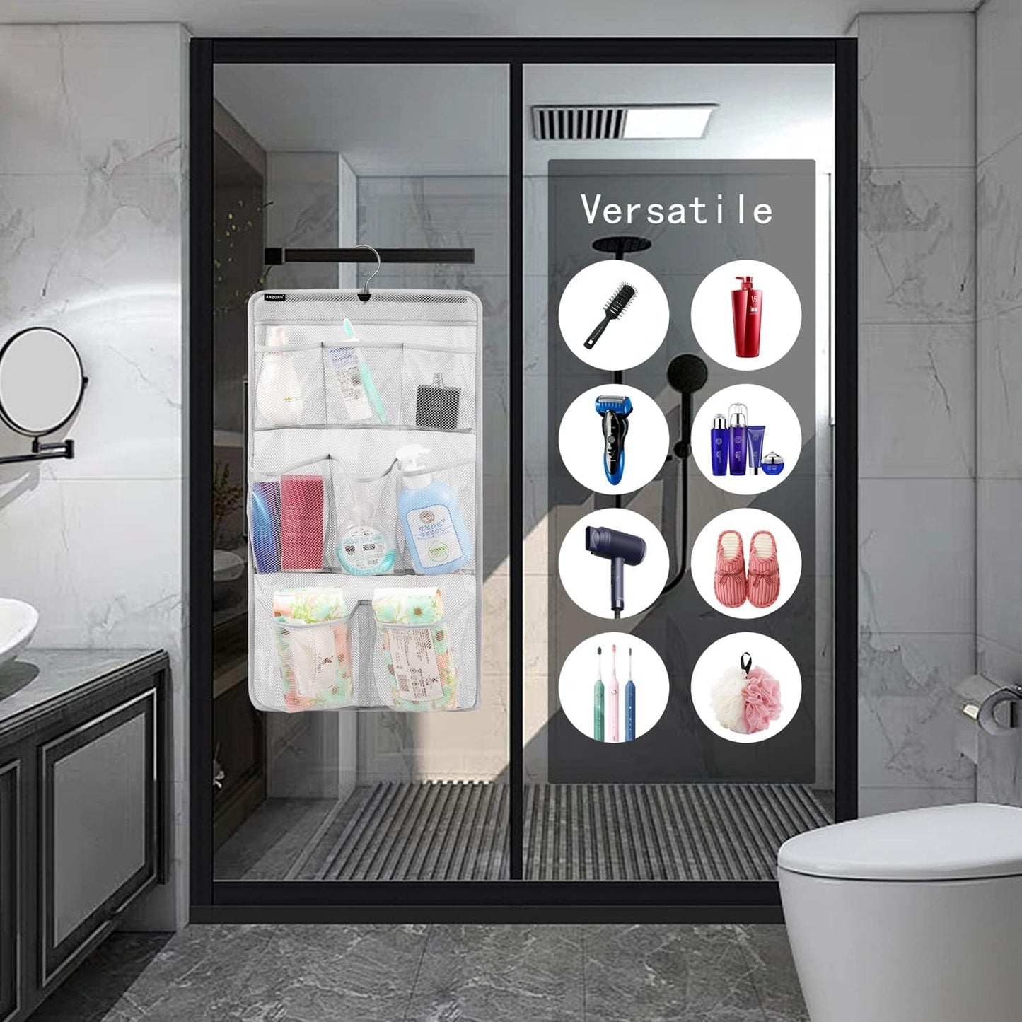 Mesh Shower Organizer Hanging Caddy Quick Dry Bathroom Storage for Toiletry Accessories with Rotating Hanger (8 Pockets)