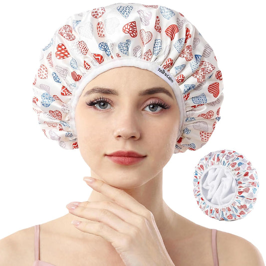 Years calm Terry Lined Shower Cap, Triple Layer Heart Motifs,Waterproof Reusable Elastic,Hair Shower Cap for Women,Terry Cloth Shower Caps for Spa,Clean,Trave (White, One Size)