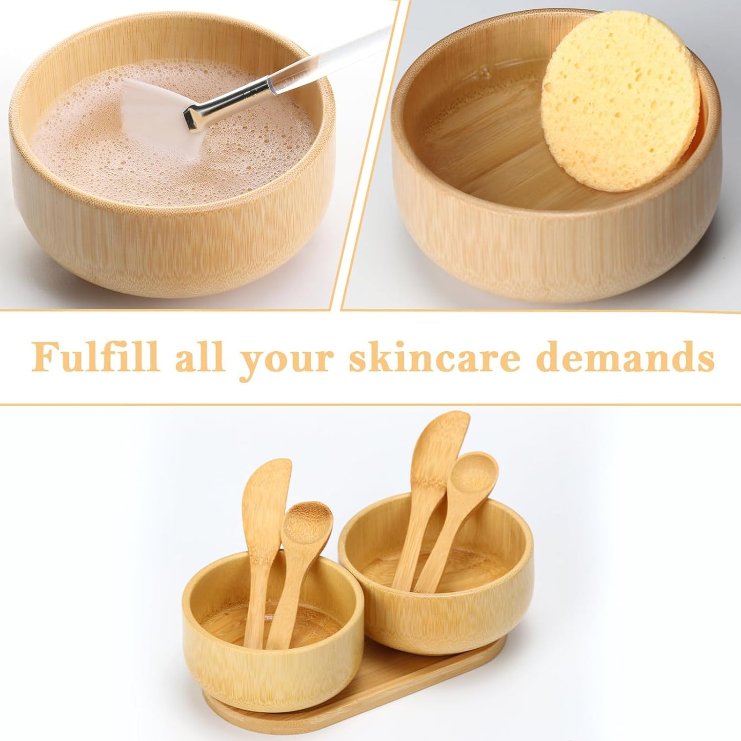 14 Pcs Bamboo Esthetician Supplies 2 Face Mask Mixing Bowls 2 Fan Brushes Esthetician 2 Flat Facial Brushes 2 Mask Spatulas 2 Facial Cream Spoons 2 Skincare Trays 2 Round Compressed Facial Sponges