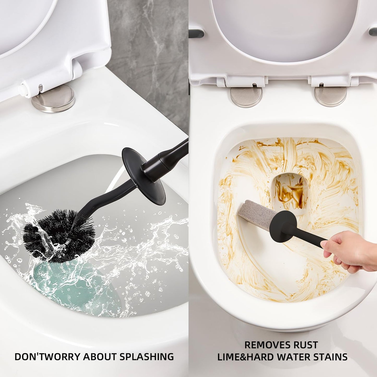 Toilet Brush & Pumice Stone Brush Combo, 2-in-1 Toilet Bowl Brush and Dual-Slot Holder Set, Curved Deep Cleaning Brush & Extended Handle, Compact Size Toilet Cleaner Brush Organizer