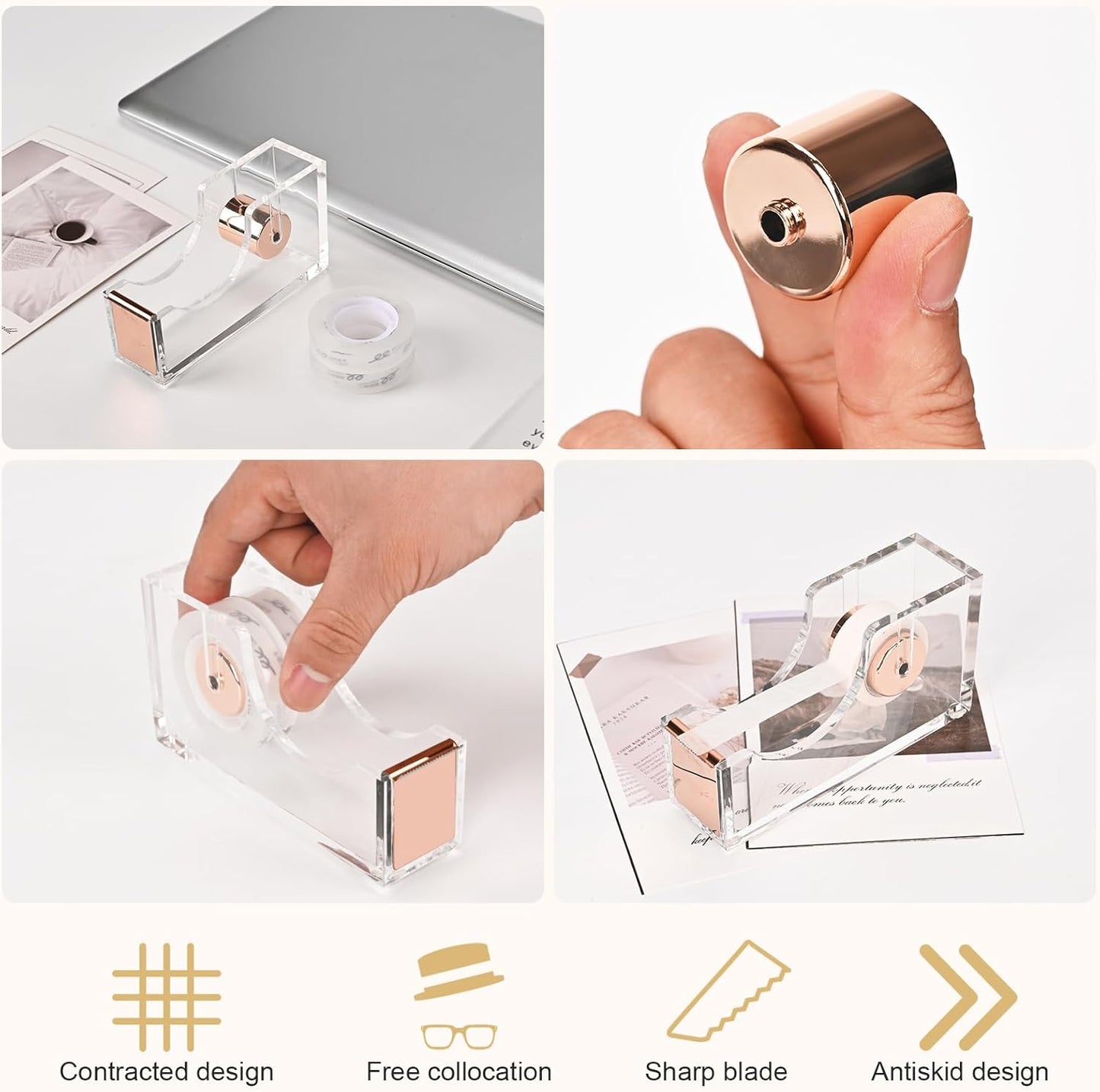 2-Piece Office Acrylic Tape Dispenser, Heavy Duty Adhensive Tape Cutter Holder with Non-Slip Bace, Single Hand Dispensing Clear Sticker Organizer Perfect for Desk, Office, School-Rose Gold