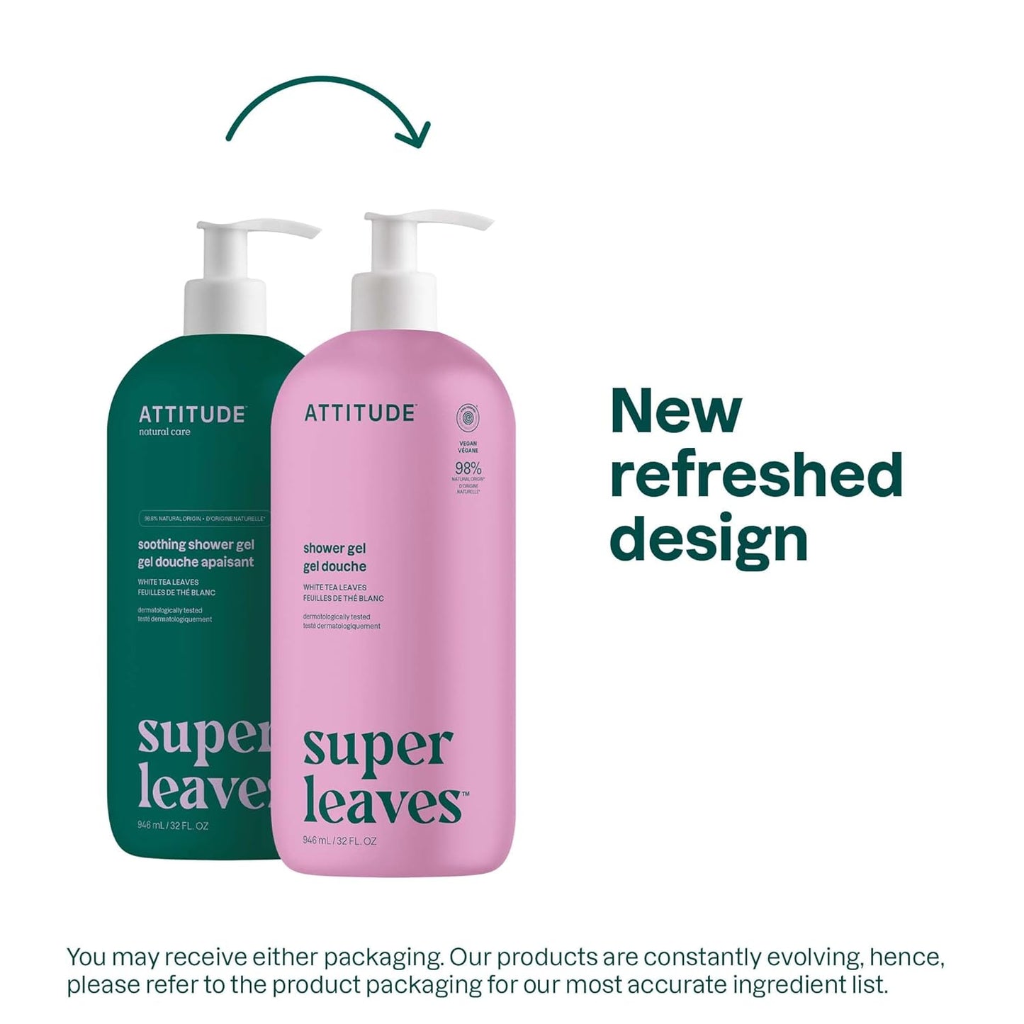 ATTITUDE Soothing Shower Gel, Dermatologically Tested, Plant and Mineral-Based, Vegan Personal Care Products, White Tea Leaves, 32 Fl Oz